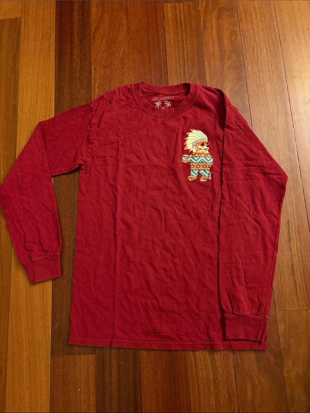 riot society Red Long-Sleeve Graphic Tee with Colorful Tribal Character